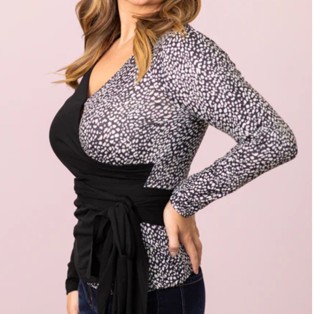 🎉 Black Contrast Printed Tie Side Wrapped Long Sleeve Top w/ V-Neck Size Med